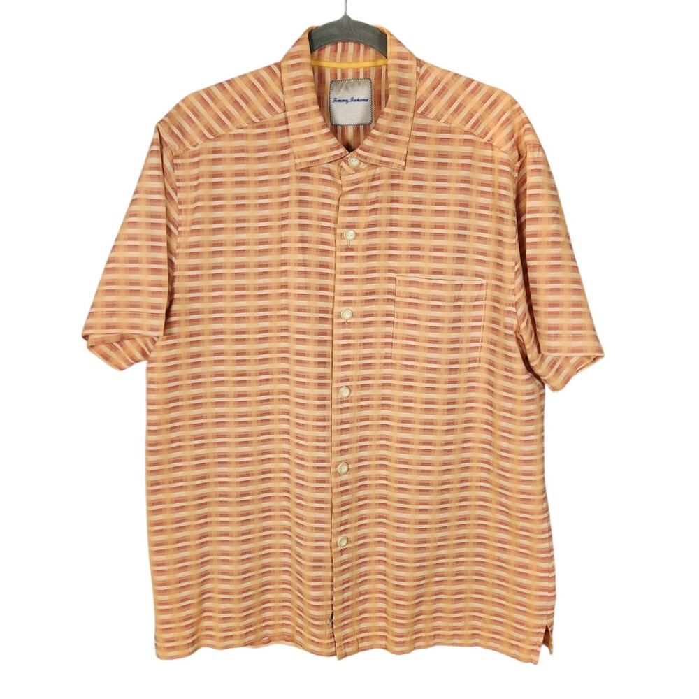 Tommy Bahama Mens Silk Cotton Shirt Large Orange Plaid Short Sleeve